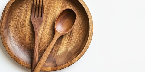 Poster - Wooden spoon and wooden fork resting on a wooden plate against a white background, creating a charming display of wooden kitchen utensils. Highlighting the beauty of wooden craftsmanship.
