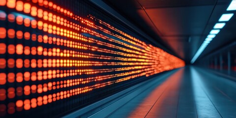 Poster - A vibrant corridor illuminated by orange lights creates a modern, dynamic atmosphere, drawing attention to the sleek architectural lines.