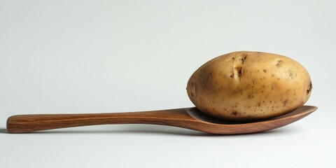 Aufkleber - Potato resting on a wooden spoon, isolated against a white backdrop, showcases the texture and natural color of the potato, making it a perfect subject for food related compositions.