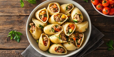 Poster - Conchiglie pasta dish featuring Italian pasta shells filled with a flavorful mixture of minced meat, zucchini, tomato, and sweet peppers, presented from a top view perspective.