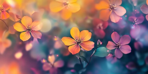 Aufkleber - Blurry flowers and leaves create a natural background filled with vibrant colors, celebrating the beauty of flowers and leaves in a peaceful and serene setting.