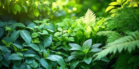 Poster - Lush green plants thrive in a vibrant summer garden, showcasing the beauty of nature. These green plants create a serene atmosphere, perfect for enjoying the summer season in the garden.