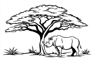 Wall Mural - A hand-drawn illustration of a rhino standing by a tree in Africa.