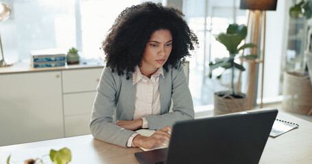 Poster - Accounting, finance and laptop with business woman at desk in office for bookkeeping report. Computer, research and thinking with professional accountant in workplace for financial management