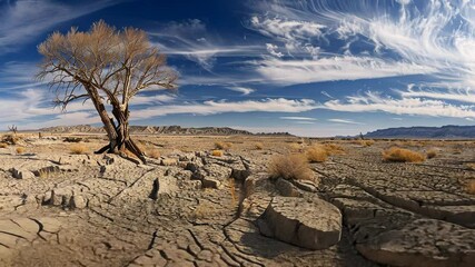 Wall Mural - Desert landscape with lone tree and dramatic sky, representing solitude and resilience concept