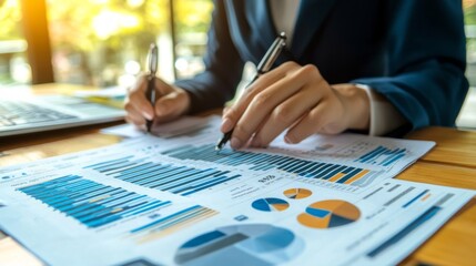Poster - Focused business woman reviews financial reports and data visualizations, simultaneously taking notes while seated at a wooden table in a vibrant, sunlit office