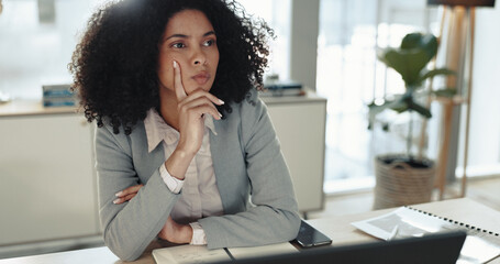 Poster - Thinking, laptop and businesswoman in office with problem solving, planning or decision for finance report. Computer, ideas and financial advisor with stock market investment proposal for company.