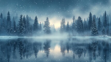 Poster - a vacant night scene under a starry sky, illuminated by blue neon rays against a snowy winter backdr