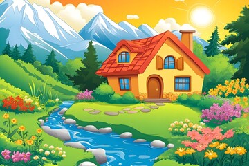 Wall Mural - illustration of beautiful landscapes with mountains and lakes in watercolor, aquarelle look pencil a