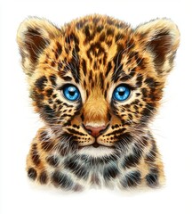 Wall Mural - A watercolor illustration of an African savanna leopard, depicting a wild cat from an African safari. The cute and exotic animal's face is portrayed as a character, isolated on a white background,