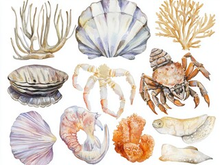 Sticker - Graphics featuring watercolor illustrations of marine animals and corals, suitable for posters, postcards, teaching resources, science materials, digital prints, and kids' art.