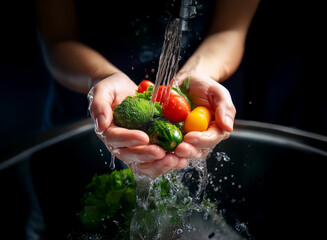 Poster - Two hands gently cup a vibrant mix of freshly harvested vegetables under a stream of clean water.  The scene is dark, highlighting the bright colors of the produce and the splashing water.
