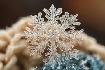 Poster - Close-up of a delicate snowflake resting on soft woolen fabric