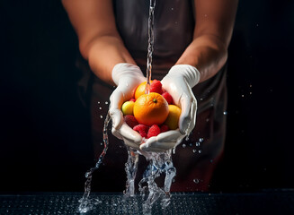 Poster - Gloved hands gently cleanse a vibrant mix of oranges and raspberries under a stream of water against a dark backdrop.  The scene emphasizes freshness and cleanliness.