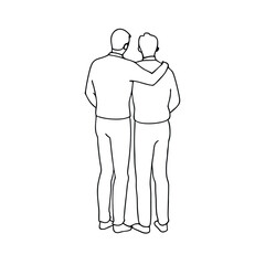 a line drawing of two men standing back to back with their arms around each other