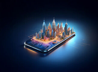 Poster - A futuristic city model sits atop a smartphone, glowing with vibrant light.  It showcases technological advancement and urban development.  The scene suggests connectivity and the integration of techn
