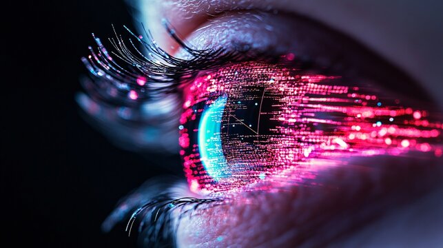 Futuristic Close-Up of an Eye with Digital Elements, Symbolizing Technology, Innovation, and the Interconnection Between Humanity and the Digital World
