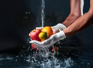 Aufkleber - Clean hands in white gloves rinse assorted fruits under running water;  water splashes dramatically against dark background.  Freshness and hygiene are emphasized.