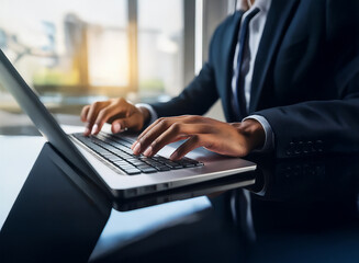 Aufkleber - Close-up of hands typing on a laptop keyboard, showcasing efficient work and modern business practices.  The professional is dressed in a business suit.