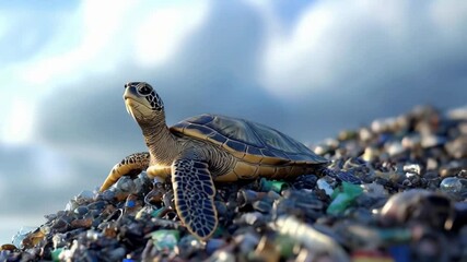 Wall Mural - tortoise surrounded by polluted water and garbage - plastic bottle and disposable cups.