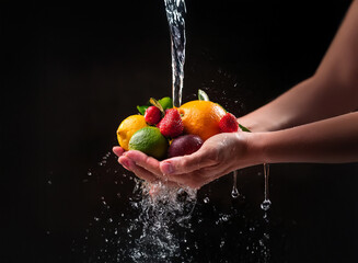Aufkleber - A stream of water washes over a colorful assortment of fresh fruit held gently in cupped hands against a stark black background.  The scene emphasizes freshness and cleanliness.