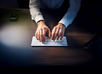 Aufkleber - Close-up of hands typing on a keyboard in dimly lit room, late night work, focus on typing, illuminated keys, dark background, desk, computer,  mouse.