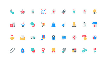 Leinwandbilder - Ecommerce, marketing campaign for online store sales icon set. Buy button, shopping cart on mobile phone screen, operator support service, gift and order delivery flat elements vector illustration