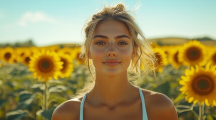 Poster - A young woman stands among vibrant sunflowers, smiling confidently while enjoying the warmth of a sunny day. The field stretches infinitely, filled with bright yellow blooms.