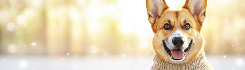 Wall Mural - Cozy pet sweater for snowy dog walks concept. Happy corgi dog in a bright, blurred outdoor setting