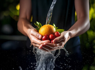 Aufkleber - Close-up of hands gently washing a vibrant orange and red berries under a stream of water.  The scene is dark, highlighting the fruit and water's movement.