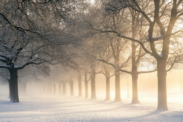 Poster - Winter mists create a serene atmosphere among trees at dawn