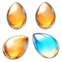 Poster - Shiny teardrop shaped gemstones in orange and blue hues, isolated on transparency background