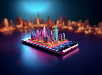Leinwandbilder - a vibrant, stylized cityscape miniature sits atop a smartphone, showcasing a futuristic blend of tec