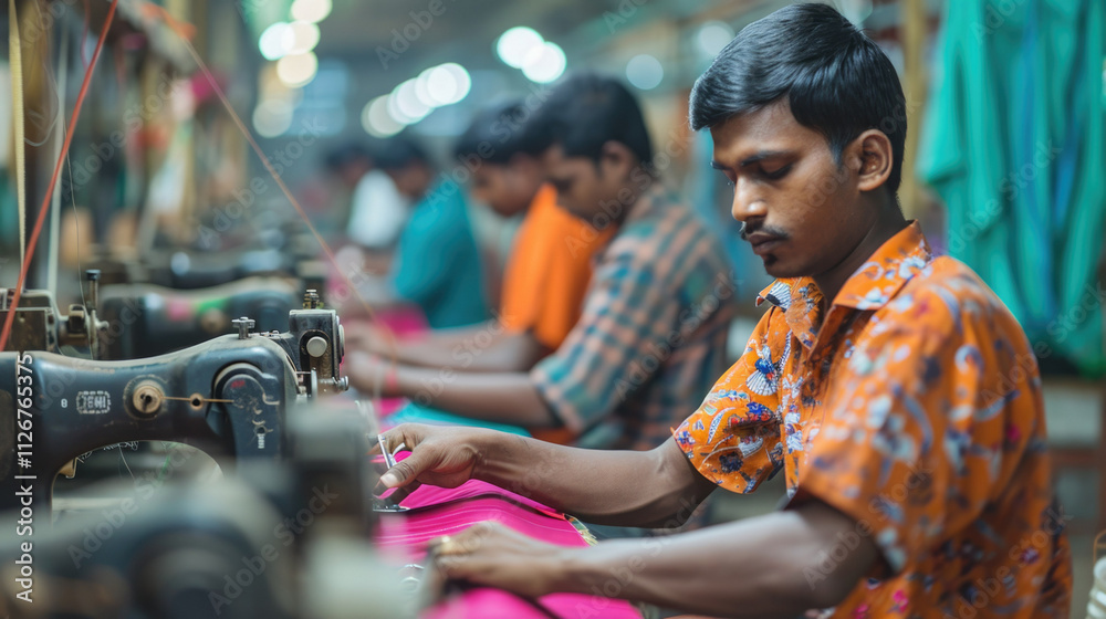 Skilled textile worker in colorful shirt operating sewing machine in ...