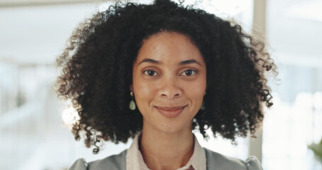 Poster - Happy, legal and portrait with African woman in office of law firm for counsel or litigation. Face, justice and trial with smile of attorney or lawyer in workplace for court case representation