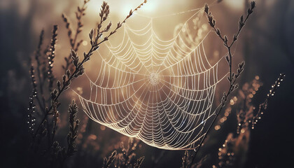 Spider Web with Dew Drops: A Morning Marvel