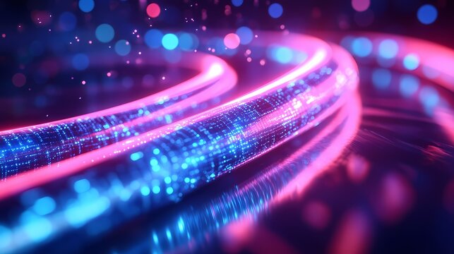 Glowing data cables weave through a vibrant background showcasing rapid information flow. Generative AI.