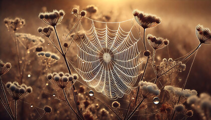Nature's Lace: Dew-Covered Spider Web in the Morning Light