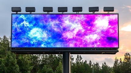 Poster - Vibrant Cityscape at Dusk with Large Illuminated Billboard Showcasing Colorful Abstract Patterns and a Beautiful Sky in the Background
