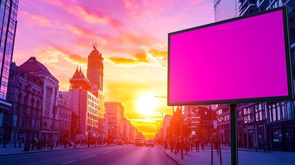 Wall Mural - Vibrant Cityscape at Sunset with Dramatic Skies and Large Digital Billboard in Urban Setting, Showcasing Modern Architecture and Life