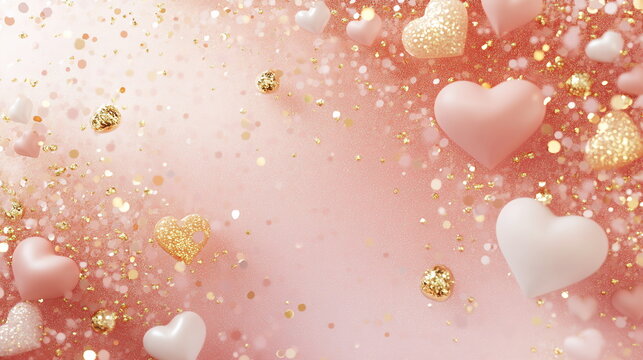 Playful Valentine's Day horizontal elegant social media template with empty copy space, scattered candy hearts in soft pastel shades over a warm blush gradient, accented with delicate golden glitter
