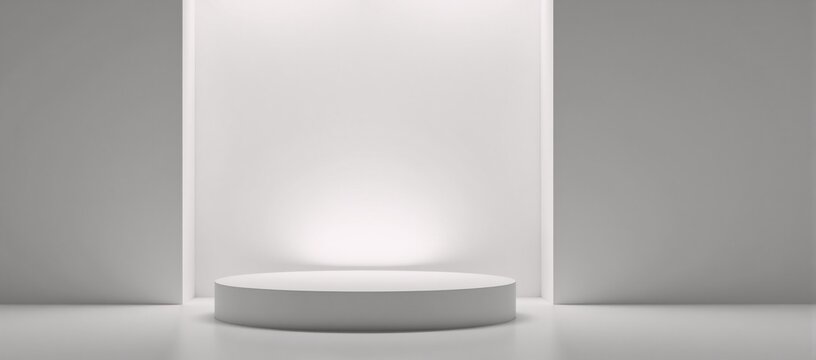 A grey-toned abstract stage or platform for product presentations set against a plain white wall backdrop rendered in 3D as a mockup image
