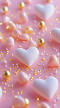 Sweet Valentine's Day vertical story greeting card template with empty copy space with scattered heart-shaped candies in soft pastel colors over a soft pink gradient, with sparkling golden accents