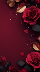 Poster - Romantic Valentine's Day vertical background for greeting cards, wedding invitation, featuring subtle heart and rose patterns in shades of red and pink over dark maroon gradient soft golden sparkles.