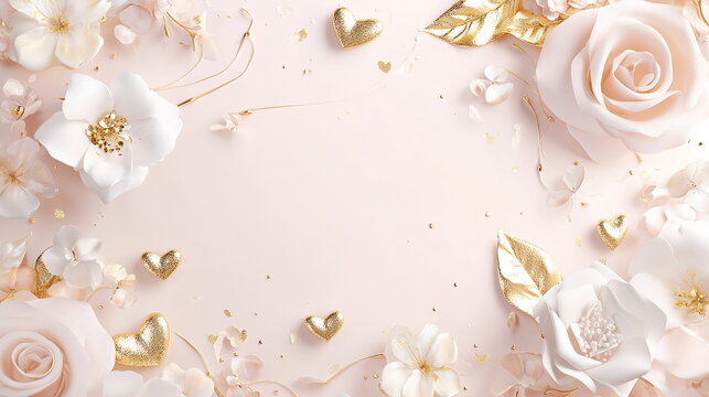 Romantic Valentine's Day horizontal greeting banner background with empty copy space with light blush color, featuring golden heart shapes around the corners and soft floral elements in pink and white
