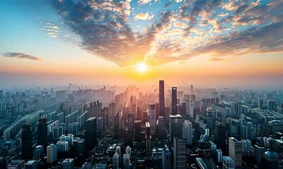 Wall Mural - Beautiful timelapse of sunset in the modern Asian city, business and financial district with skyscrapers