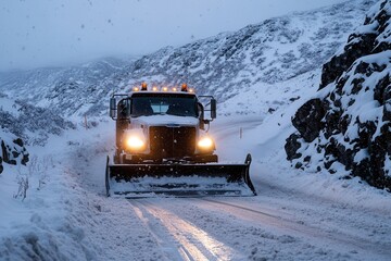 A snow plow works diligently to clear a path through a snowy mountainous landscape, emphasizing the importance of infrastructure and safety in winter conditions.