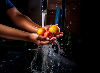 Poster - Dark background.  Close-up of hands gently washing vibrant oranges and an apple under a kitchen faucet. Water splashes dramatically.  Cleanliness and freshness are emphasized.