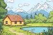 © Tanvir - illustration of beautiful landscapes with mountains and lakes in watercolor, aquarelle look pencil art Countryside village landscape with church and houses illustration, design, vector, nature, travel