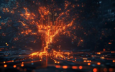 Fototapete - A glowing digital tree of light with intricate circuitry branching from a central microchip, illuminated against a dark futuristic background